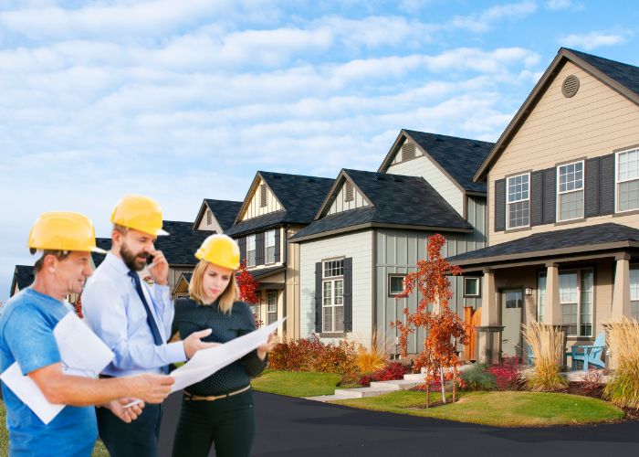 Experienced builder overseeing residential construction project with skilled workers on site.